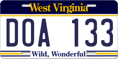 WV license plate DOA133
