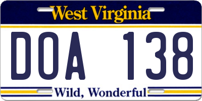 WV license plate DOA138