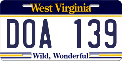 WV license plate DOA139