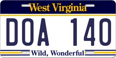 WV license plate DOA140