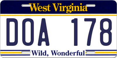 WV license plate DOA178