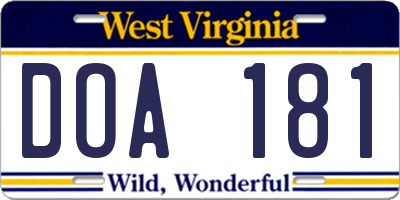 WV license plate DOA181