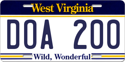 WV license plate DOA200