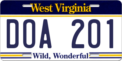 WV license plate DOA201