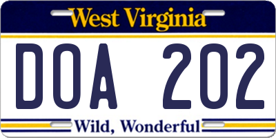 WV license plate DOA202