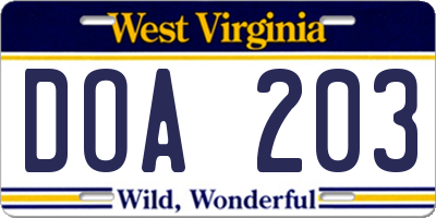 WV license plate DOA203