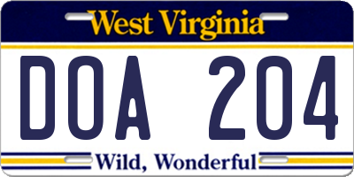 WV license plate DOA204