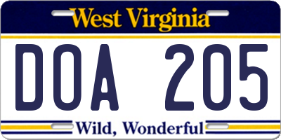WV license plate DOA205