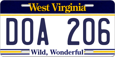 WV license plate DOA206