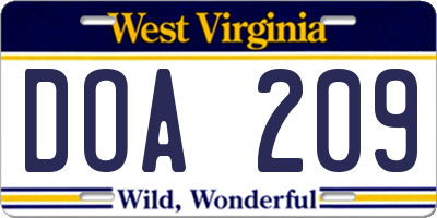 WV license plate DOA209