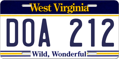 WV license plate DOA212