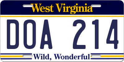 WV license plate DOA214