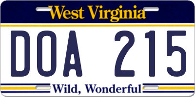 WV license plate DOA215