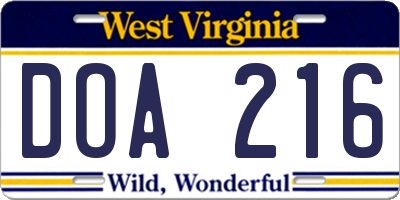 WV license plate DOA216
