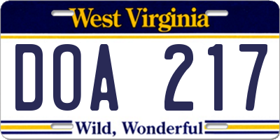 WV license plate DOA217