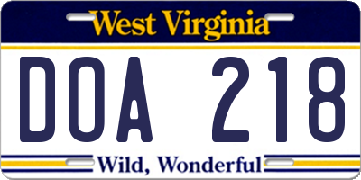 WV license plate DOA218