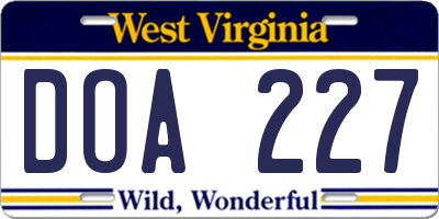 WV license plate DOA227