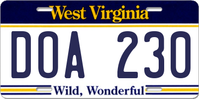 WV license plate DOA230
