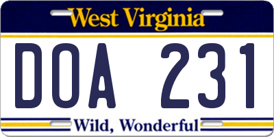 WV license plate DOA231