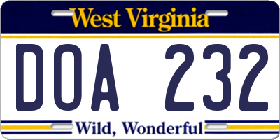 WV license plate DOA232