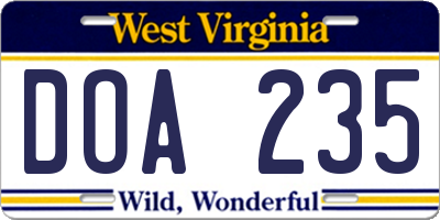 WV license plate DOA235