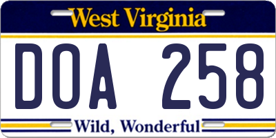 WV license plate DOA258