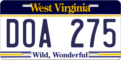 WV license plate DOA275