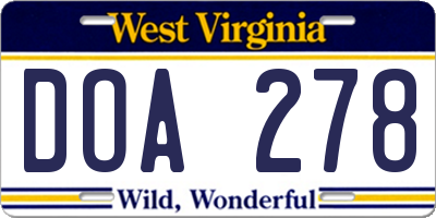 WV license plate DOA278