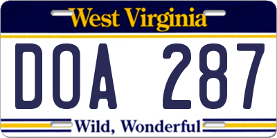 WV license plate DOA287