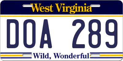 WV license plate DOA289