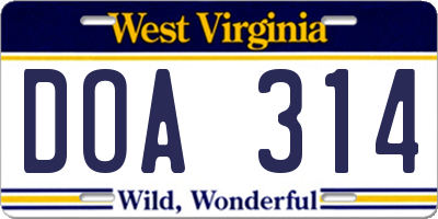 WV license plate DOA314