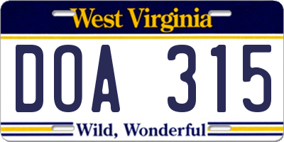 WV license plate DOA315