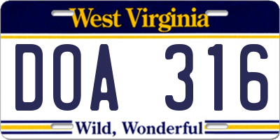 WV license plate DOA316