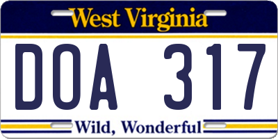 WV license plate DOA317