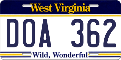 WV license plate DOA362
