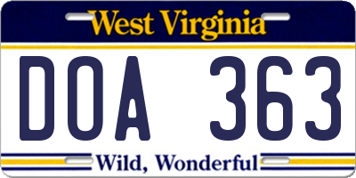 WV license plate DOA363
