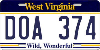 WV license plate DOA374