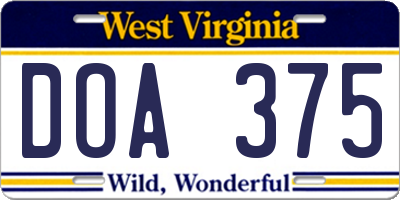 WV license plate DOA375