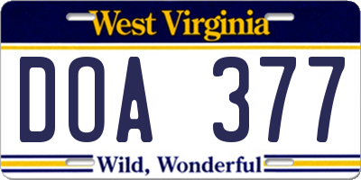 WV license plate DOA377