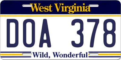WV license plate DOA378