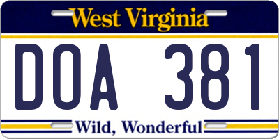 WV license plate DOA381