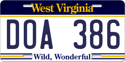 WV license plate DOA386