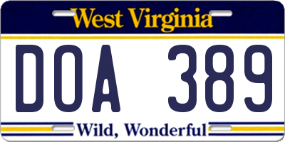 WV license plate DOA389