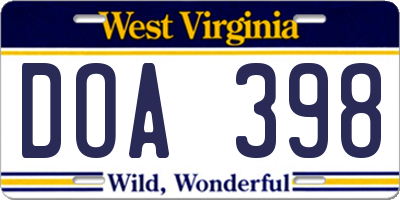 WV license plate DOA398