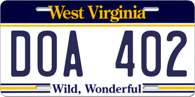 WV license plate DOA402