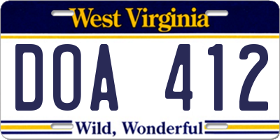 WV license plate DOA412