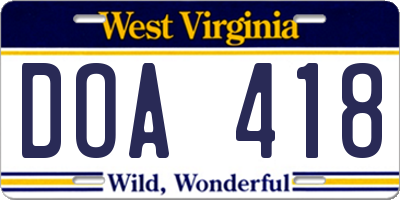 WV license plate DOA418