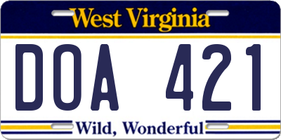 WV license plate DOA421