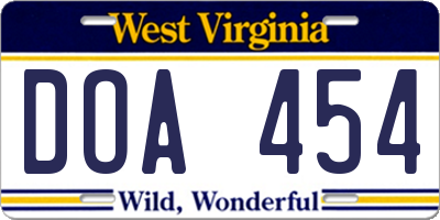 WV license plate DOA454