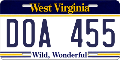 WV license plate DOA455